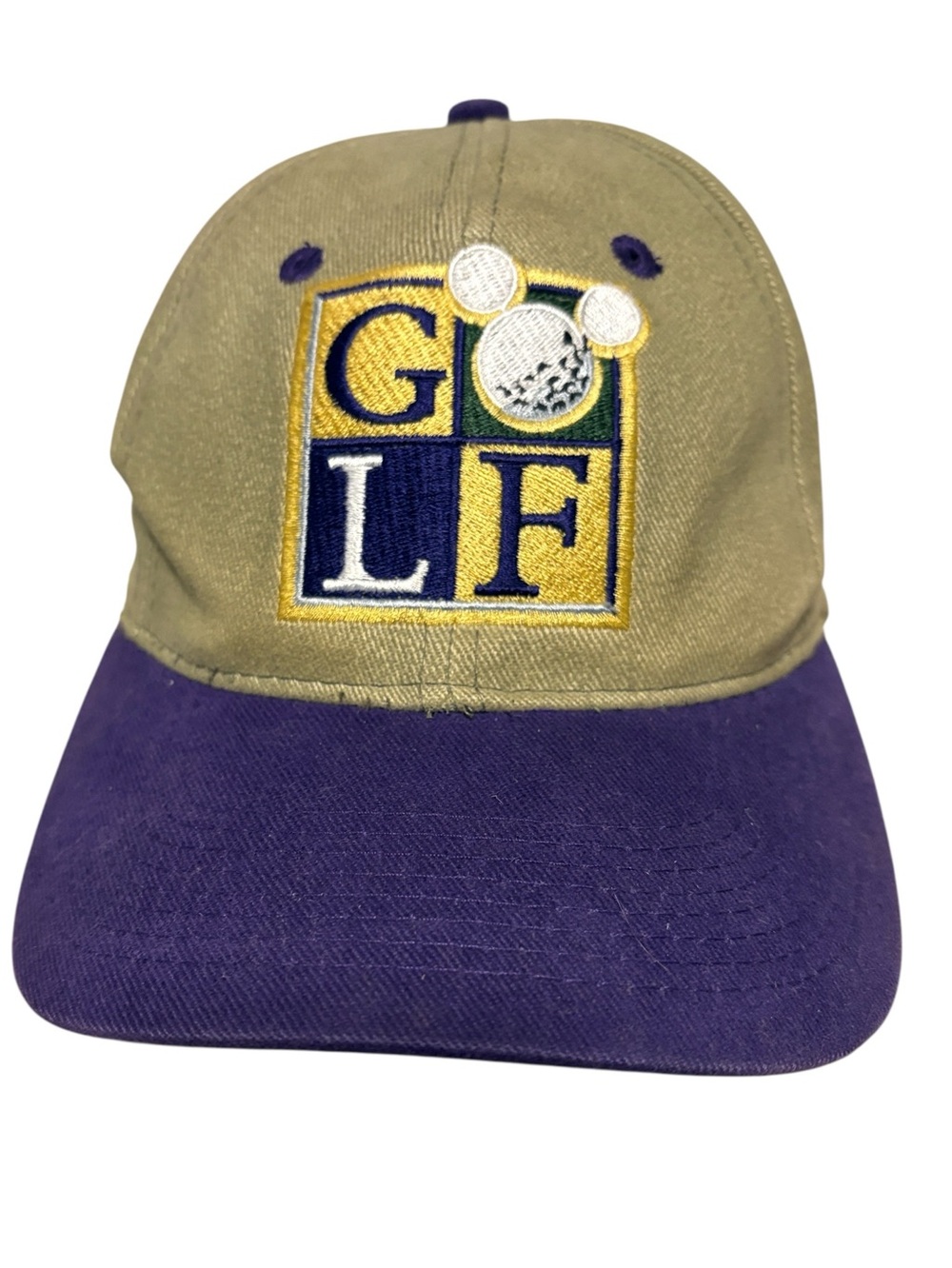 MICKEY & CO. Golf Embroidered Two-Tone Cap Hat Khaki Purple Strap-back